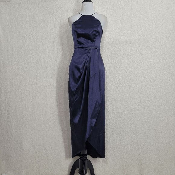 After Six 6829 Stretch Midnight Navy Charmeuse Halter Tulip Skirt Midi Dress 0R - Picture 1 of 9